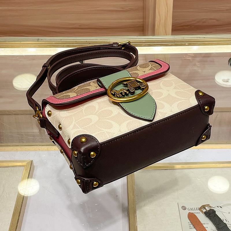 Genuine Leather Signature Monogram Mini Top Handle Crossbody Bag - Tan Canvas with Pink & Green Colorblock Trim - Gold Horse Carriage Turn Lock Flap Satchel - Women's Designer Style Handbag