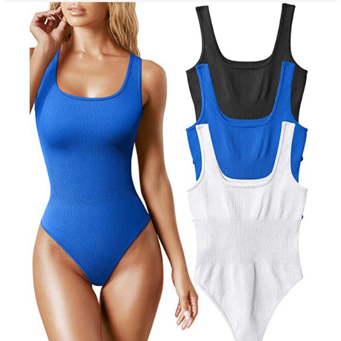 Ribbed Thong Bodysuit for Women | Scoop Neck Sleeveless Fitted Body Suit | 8 Colors Seamless Stretch Tank Bodysuit