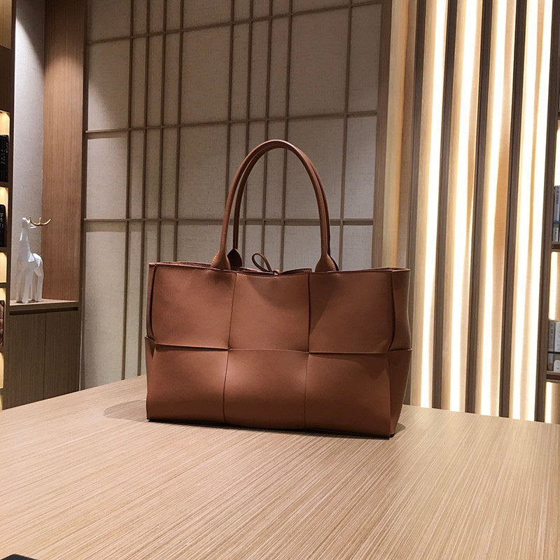 Women's Genuine Leather Woven Tote Bag - Large Intrecciato Weave Handbag in Tan Cognac Brown - Luxury Structured Top Handle Shopper Bag - Designer Inspired Everyday Work Bag