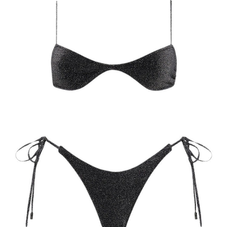 Black Glitter Bikini Set, Sparkle Underwire Bandeau Top & Tie Side Bottom, Women Metallic Shimmer Swimwear, Luxury Bling Two Piece Swimsuit, Beach Party Bathing Suit