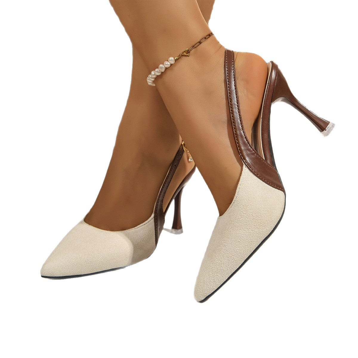 Cream Ivory Brown Two-Tone Pointed Toe Slingback Stiletto Pumps | Women's Color Block High Heel Court Shoes