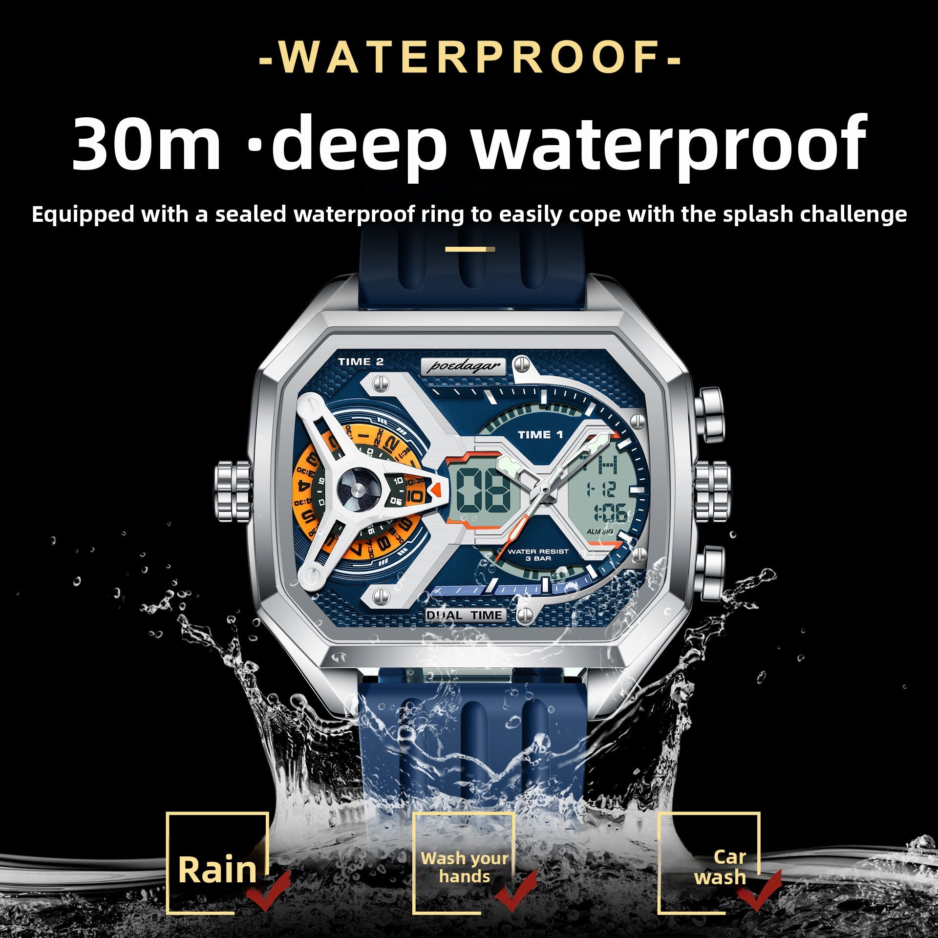 Poedagar Men's Dual Time Digital Analog Watch | Square Blue Rubber Strap | Military Sport Chronograph Waterproof