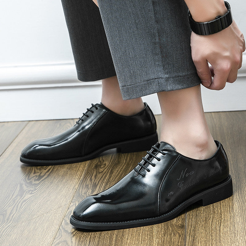Men's Black Bronze Patina Leather Oxford Dress Shoes | Script Embossed Luxury Lace-Up Formal Shoes