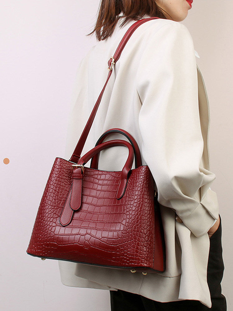 Blue Gray Crocodile Embossed Leather Handbag with Gold Hardware | Structured Tote