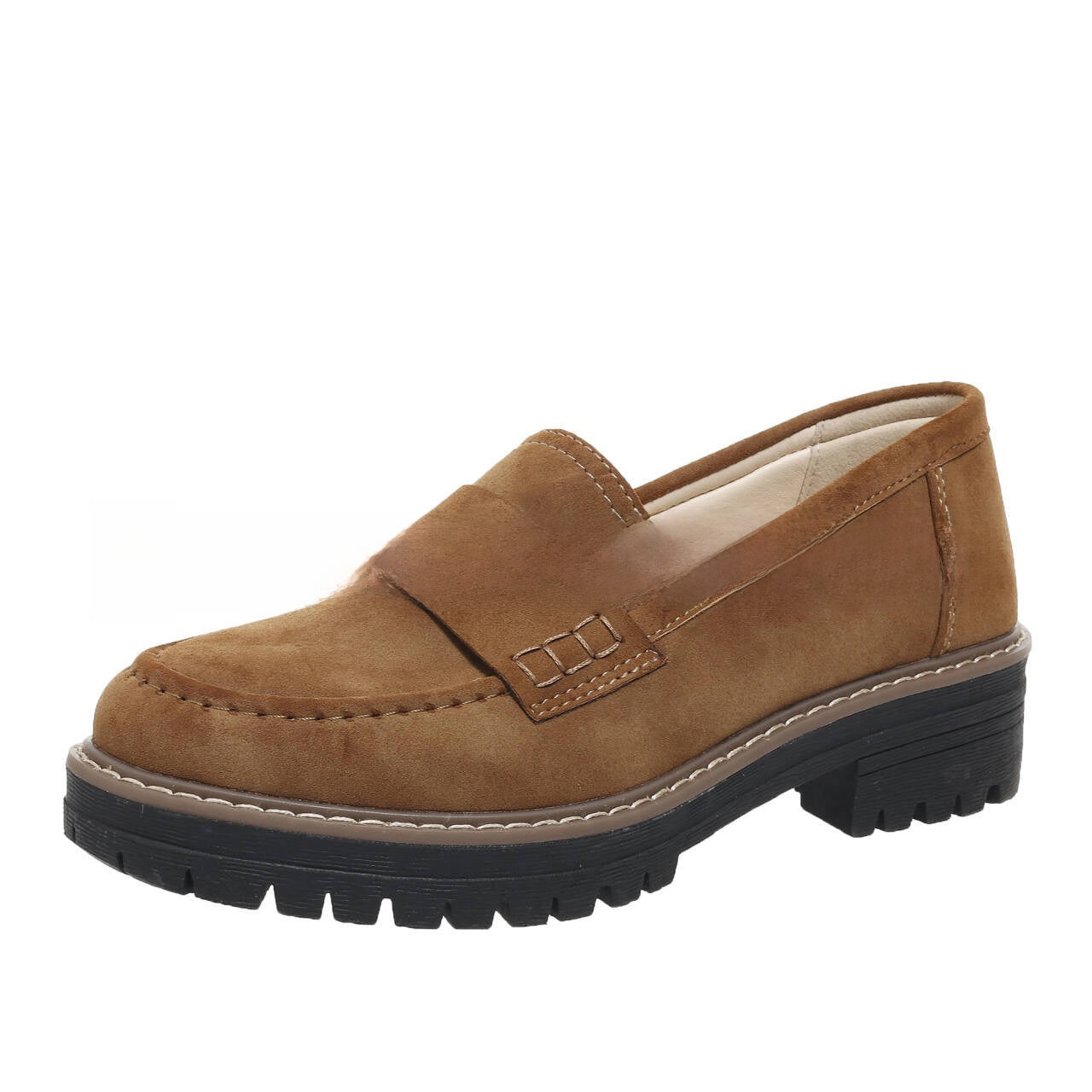 Black Suede Lug Sole Penny Loafers for Women | Chunky Platform Slip-On Loafers | Tan Welt Stitch Detail Loafers | Casual Smart Street Style Shoes