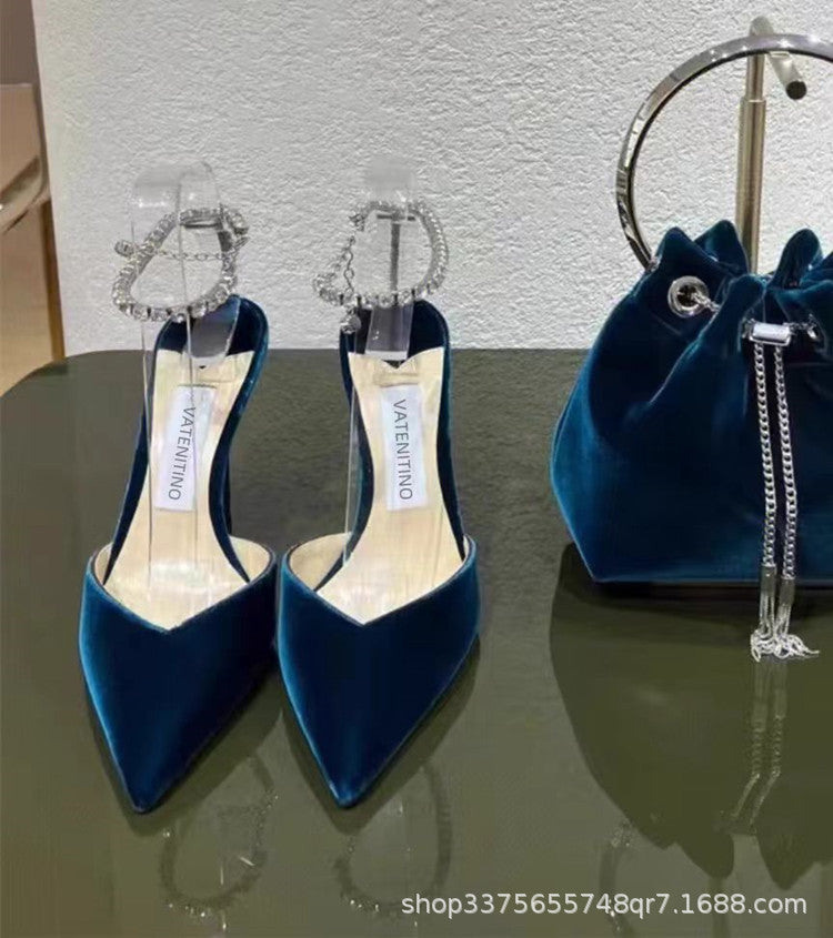 Strassbesetzte Stiletto-Pumps | Diamantketten-Knöchelriemen-Pumps mit spitzer Zehenpartie | Luxuriöse Glitzer-Hochzeitspumps für Damen 