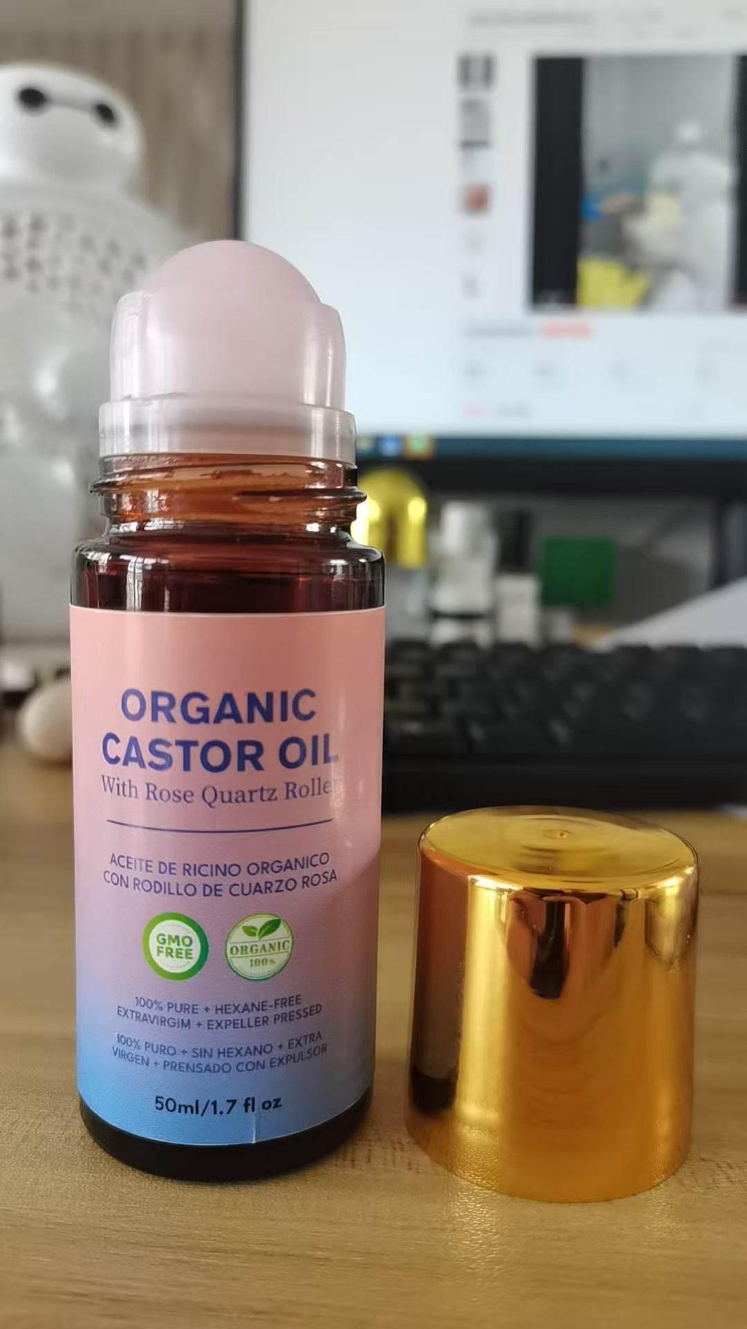 Organic Castor Oil with Rose Quartz Roller ? Cold-Pressed Extra Virgin USDA Certified | Eyebrows, Lashes & Hair Growth 50ml