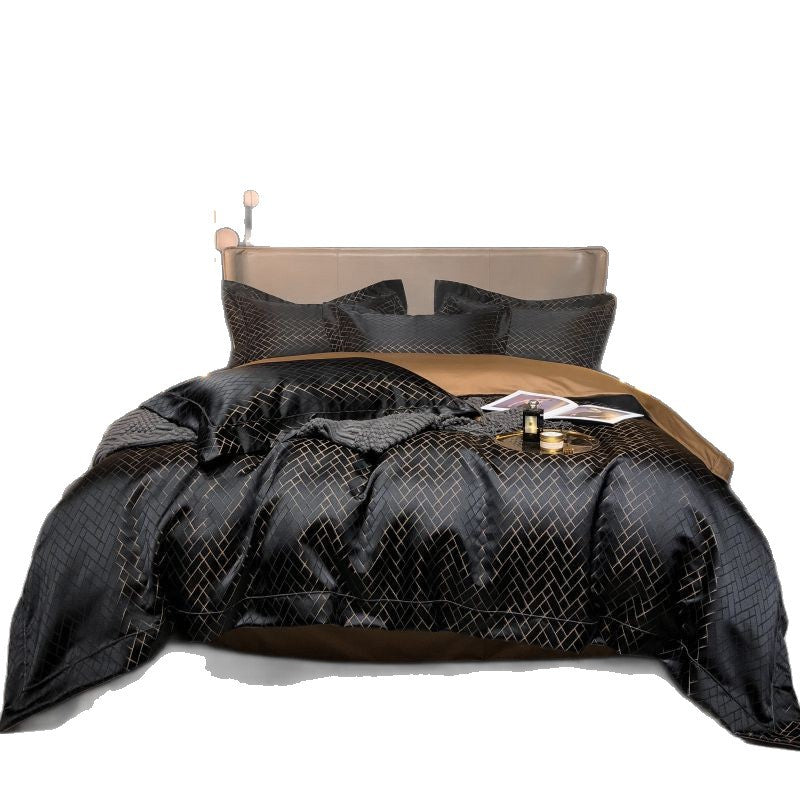 Luxury Black Gold Jacquard Satin Bedding Set, Silky Smooth Duvet Cover with Pillowcases for King Queen Bed
