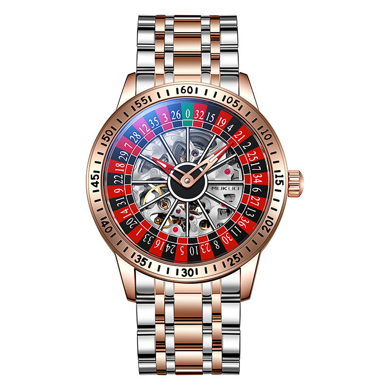 Roulette Wheel Skeleton Watch Men | Red Blue Casino Dial | Black Steel Bracelet | Hollow Tourbillon Style Automatic Watch