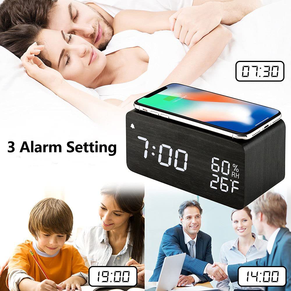 Wireless Charging Station Alarm Clock with Digital Display Temperature Humidity Wood Grain Design Qi Fast Wireless Charger for iPhone Android