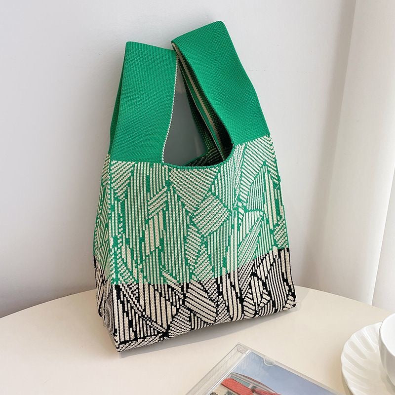 Black & White Geometric Knit Tote Bag | Aztec Pattern Wrist Handle Handbag | Boho Crochet Style Women's Bag
