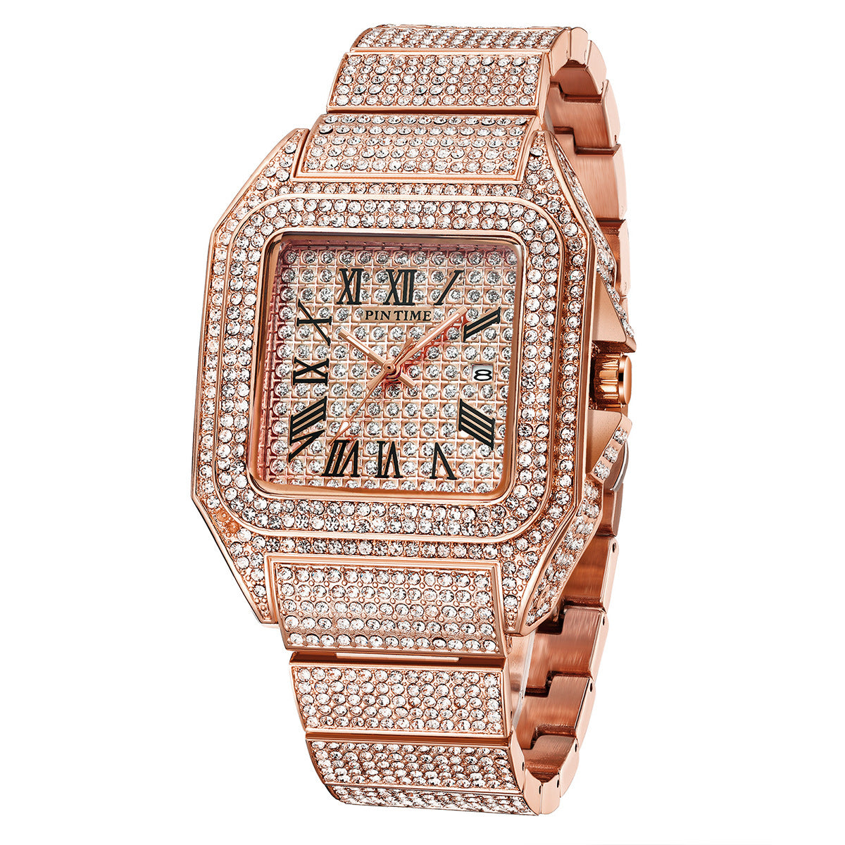 Pin Time Men's Full Iced Out Square Watch | Silver CZ Pave Roman Numeral Santos Style Hip Hop Watch with Date