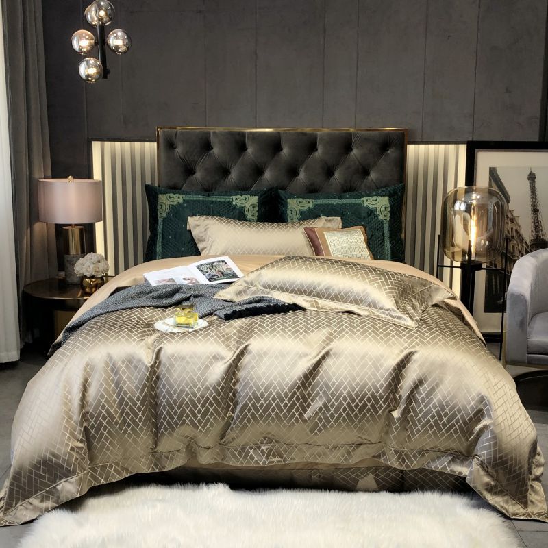Luxury Black Gold Jacquard Satin Bedding Set, Silky Smooth Duvet Cover with Pillowcases for King Queen Bed