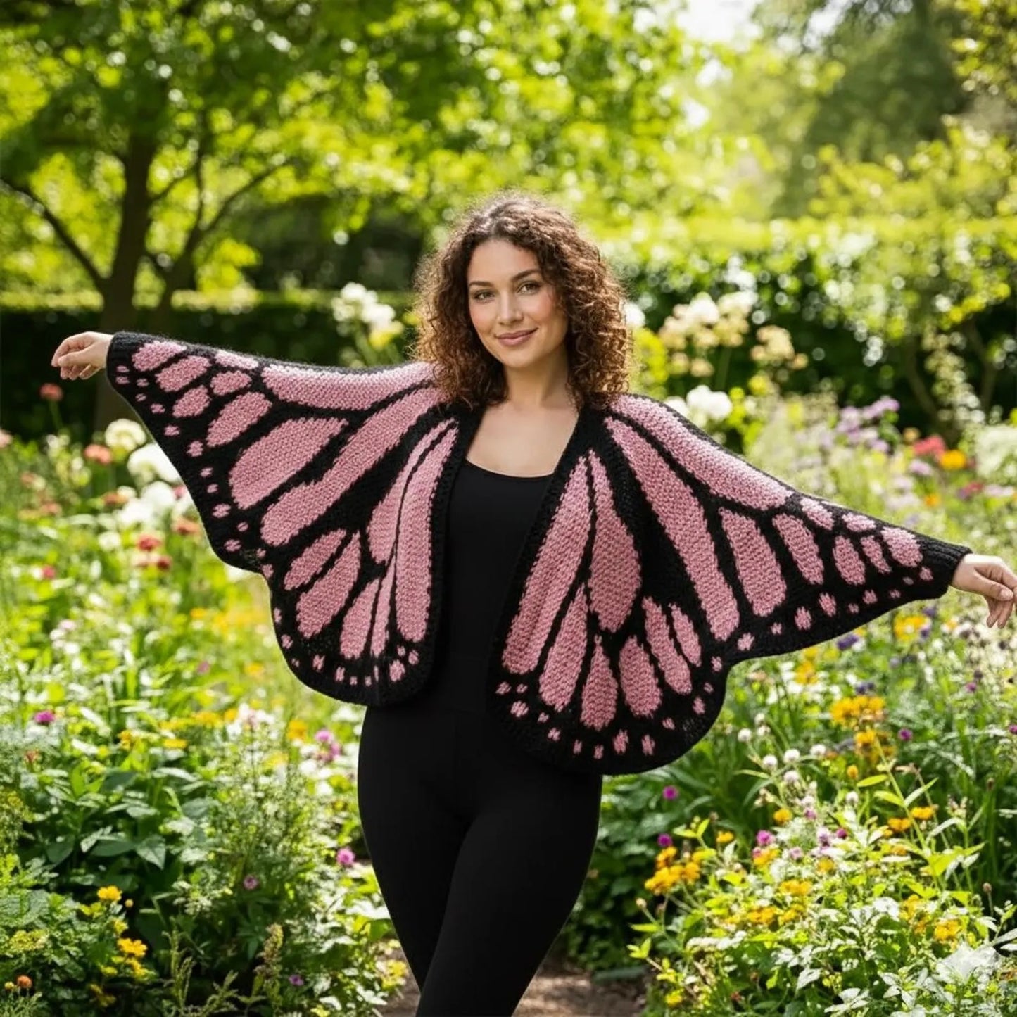 Butterfly Wing Knit Cardigan Women | Pink & Black Monarch Oversized Shawl Wrap Sweater | Boho Fairy Cottagecore Jacket