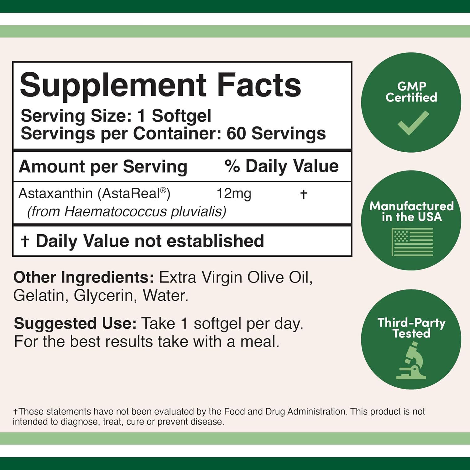 Astaxanthin 12mg Softgels | 60 Count Gluten-Free Antioxidant Dietary Supplement