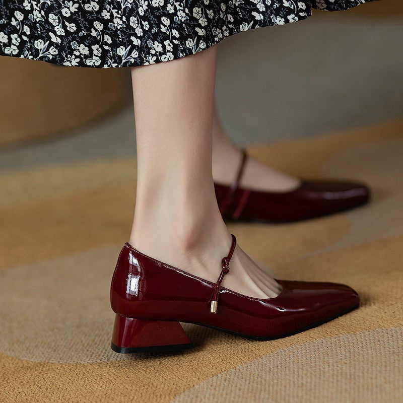 Wine Red Patent Leather Mary Jane Block Heel Pumps | Women's Square Toe Ankle Strap Low Heels | Retro Glossy Shoes