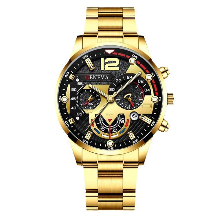 Geneva Men's 3-Piece Black Gift Set | Chronograph Watch + Cuban Link Bracelet + Cross Necklace Luxury Jewelry Box