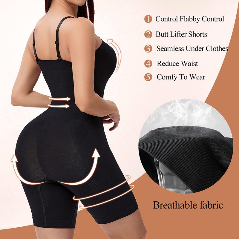 Black Strapless Full Body Shaper Bodysuit | Seamless Tummy Control Mid-Thigh Shapewear for Women