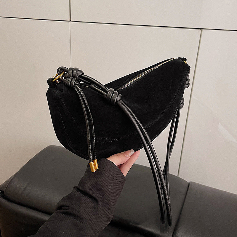 Suede Crescent Shoulder Bag with Knotted Strap & Gold Hardware | Women's Half Moon Hobo Bag in Brown | Trendy Minimalist Crossbody for Everyday & Going Out
