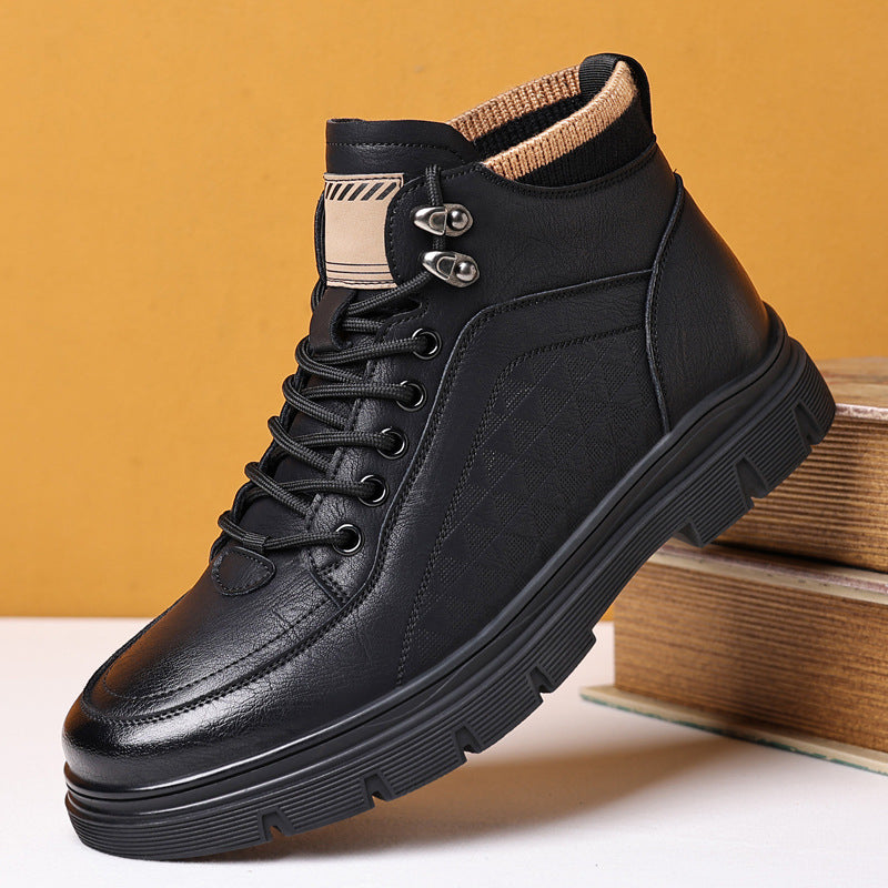 Men's Black High Top Leather Boots | Quilted Lace Up Ankle Boot Chunky Sole | Winter Casual Outdoor Fashion Boot
