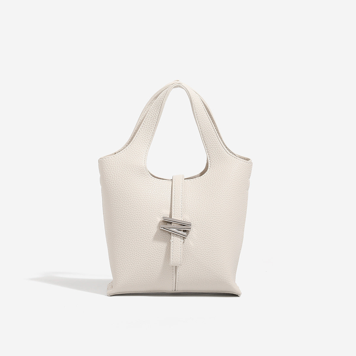 Cream Pebbled Leather Mini Tote Bag | Women's Top Handle Bucket Bag with Silver Knot Hardware Detail