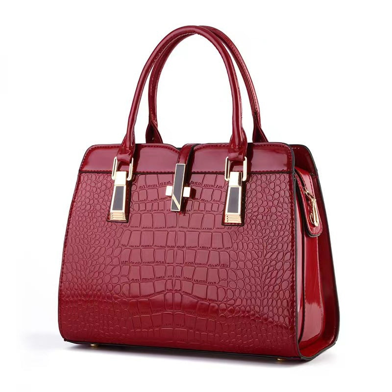 Black Patent Crocodile Embossed Handbag with Gold Hardware | Glossy Structured Tote