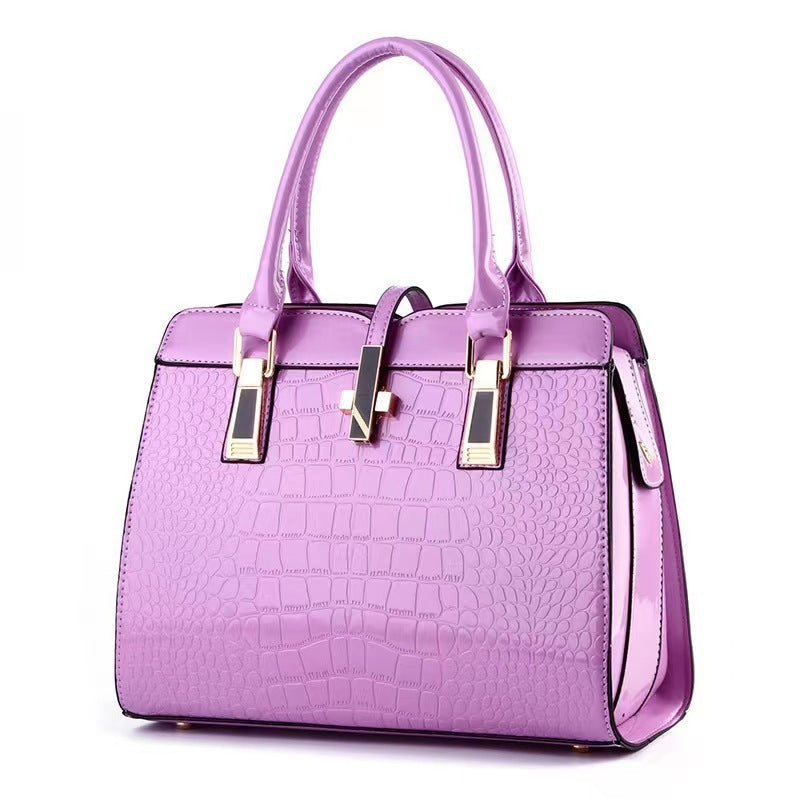 Black Patent Crocodile Embossed Handbag with Gold Hardware | Glossy Structured Tote