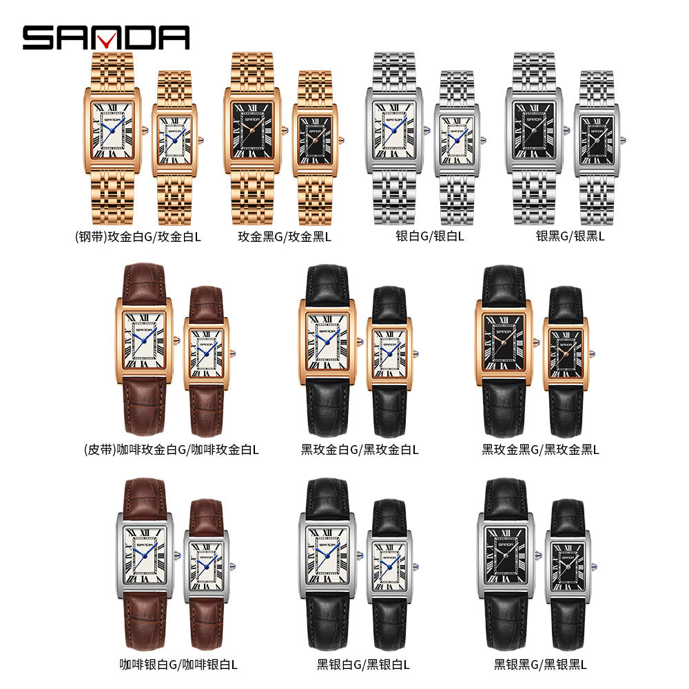 SANDA Women's Rectangle Rose Gold Watch | White Roman Numeral Dial Blue Hands Black Leather Strap Classic Quartz Timepiece