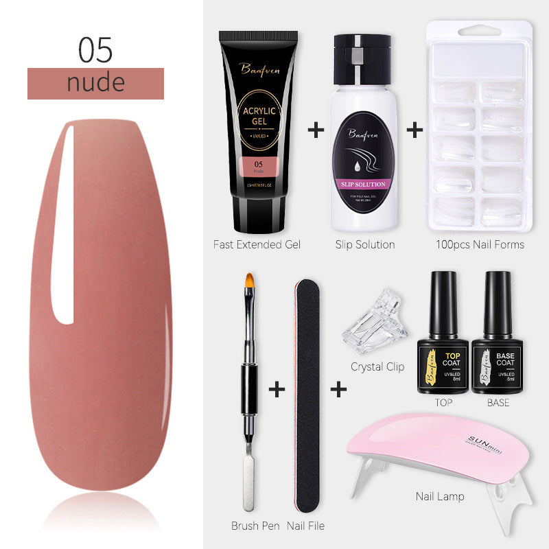Baafven 11PCS Acrylic Gel Nail Extension Kit | Poly Gel Set with UV LED Nail Lamp, Top & Base Coat, Nail Forms & Tools