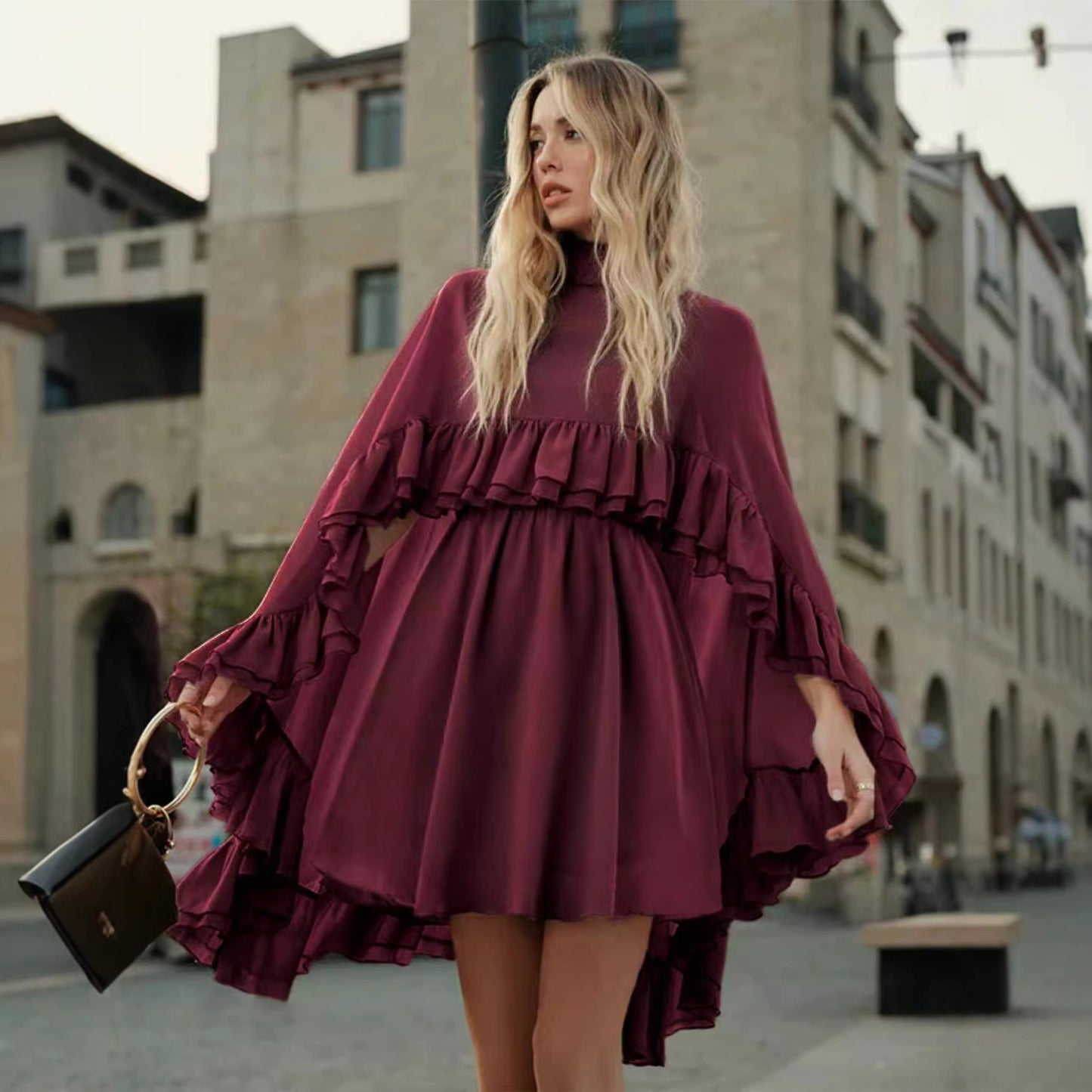 Brown Chiffon Ruffle Mini Dress | Mock Neck Long Sleeve Tiered Ruffle Flowy Short Dress for Women