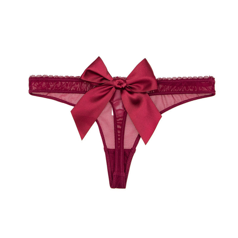 Women's Burgundy Lace Thong with Satin Bow | Sheer Mesh Floral Lace Panty | Sexy Lingerie Underwear