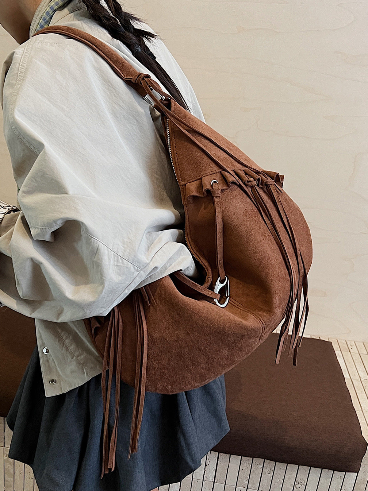 Brown Suede Fringe Hobo Bag - Bohemian Slouchy Shoulder Bag with Tassel Details | Western Style Hobo with Silver Hardware