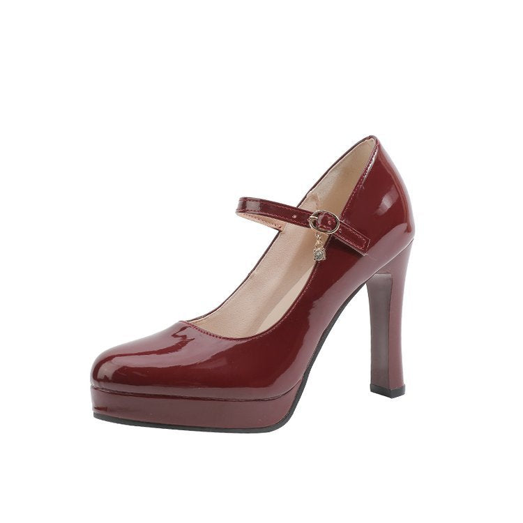 Wine Red Patent Leather Platform Mary Jane Heels | Women's Ankle Strap Buckle Stiletto Pumps | Glossy High Heel Shoes