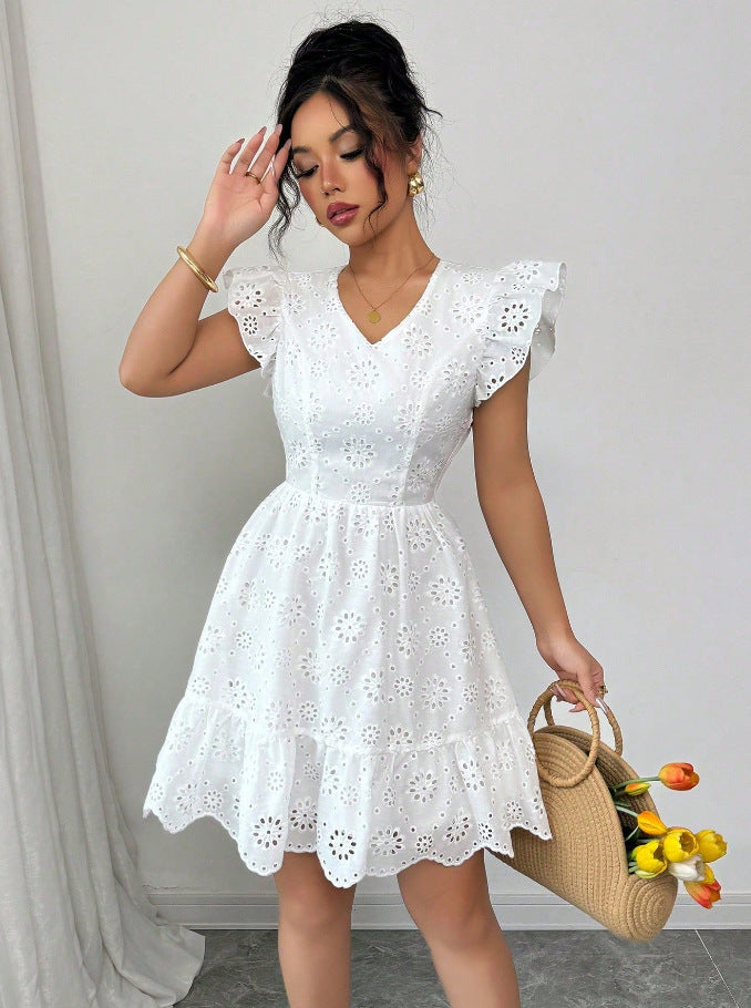 Women's White Eyelet Embroidery Mini Dress Open Back Bow Ruffle Sleeve V-Neck Boho Summer Party Dress