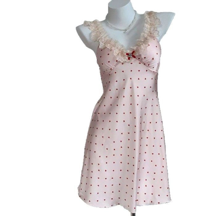 Rosa Damen-Nachthemd mit Herzchenmuster, Rüschenspitze, süßem V-Ausschnitt, Schleifenakzent und ausgestelltem Mini-Schlafkleid im Kawaii-Stil 