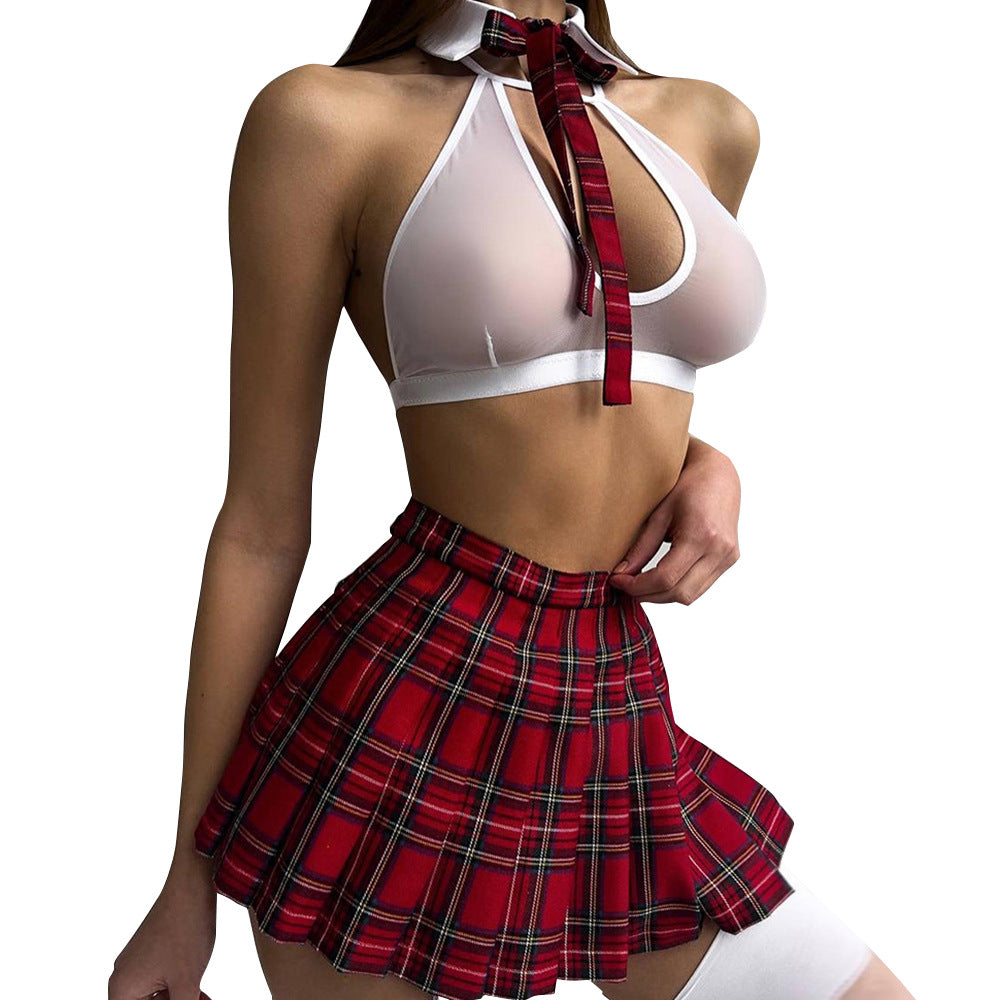 Sexy Schoolgirl Costume Lingerie Set | Red Plaid Pleated Mini Skirt Sheer Halter Bra & Tie | Role Play Outfit