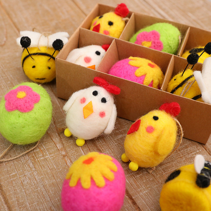 Felt Wool Easter Ornament Set 6pc | Handmade Chick Bee & Flower Egg Hanging Decorations | Spring Tree & Home Decor