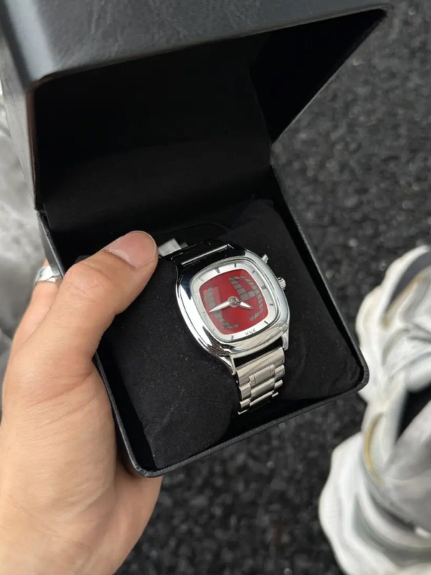 Men's Retro Cushion Square Watch | Red Grid Dial Domed Crystal Silver Stainless Steel Vintage Style Quartz Watch