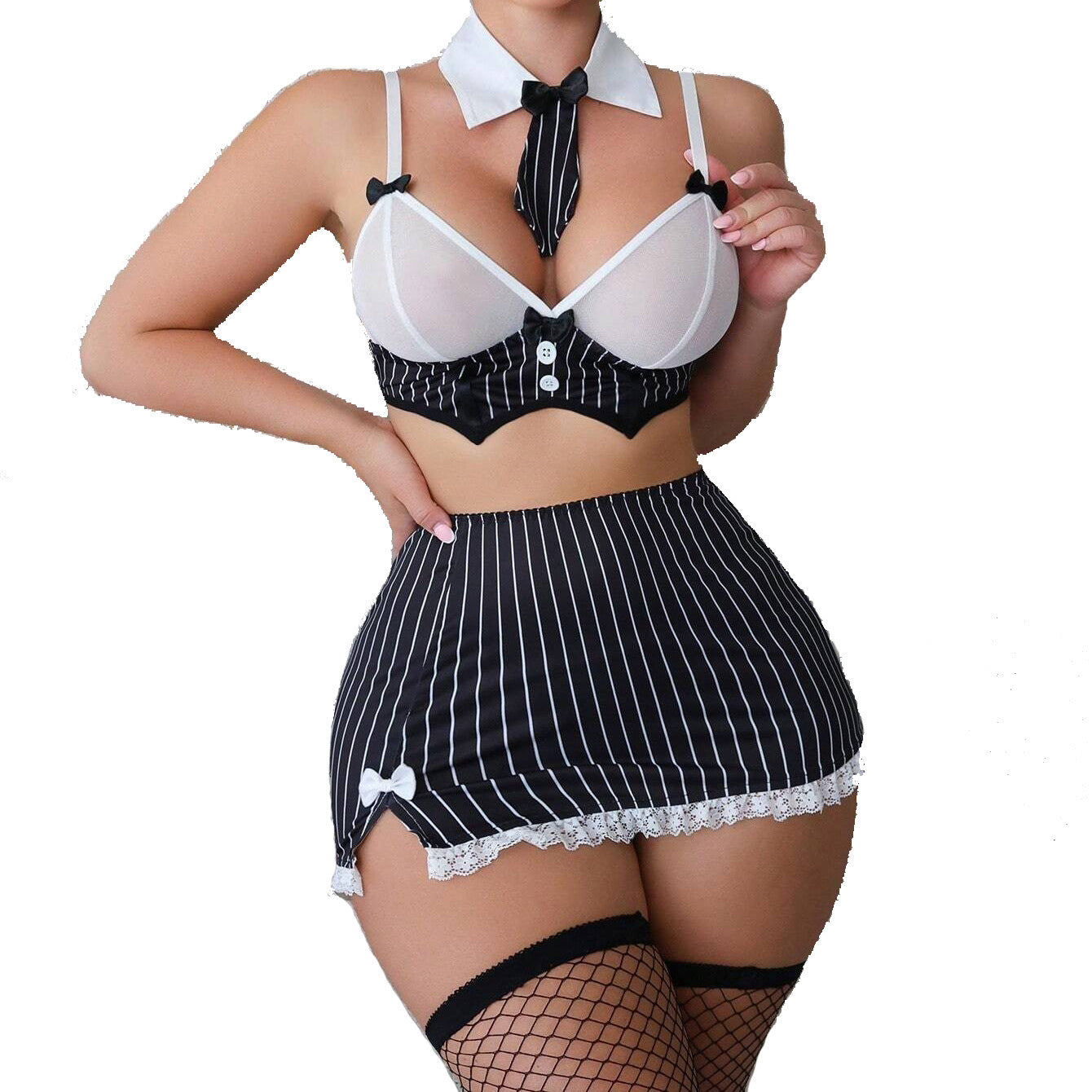 Sexy Secretary Costume Lingerie Set | Plus Size Pinstripe Skirt Sheer Bra Bow Tie Collar | Office Role Play Outfit