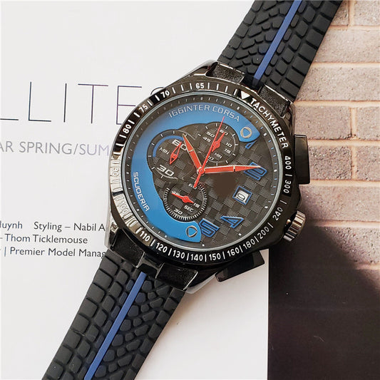 Men's Scuderia Racing Chronograph Watch | 166 Inter Corsa Tachymeter Black Yellow Carbon Dial | Red Hands Date Rubber Strap Sport Timepiece