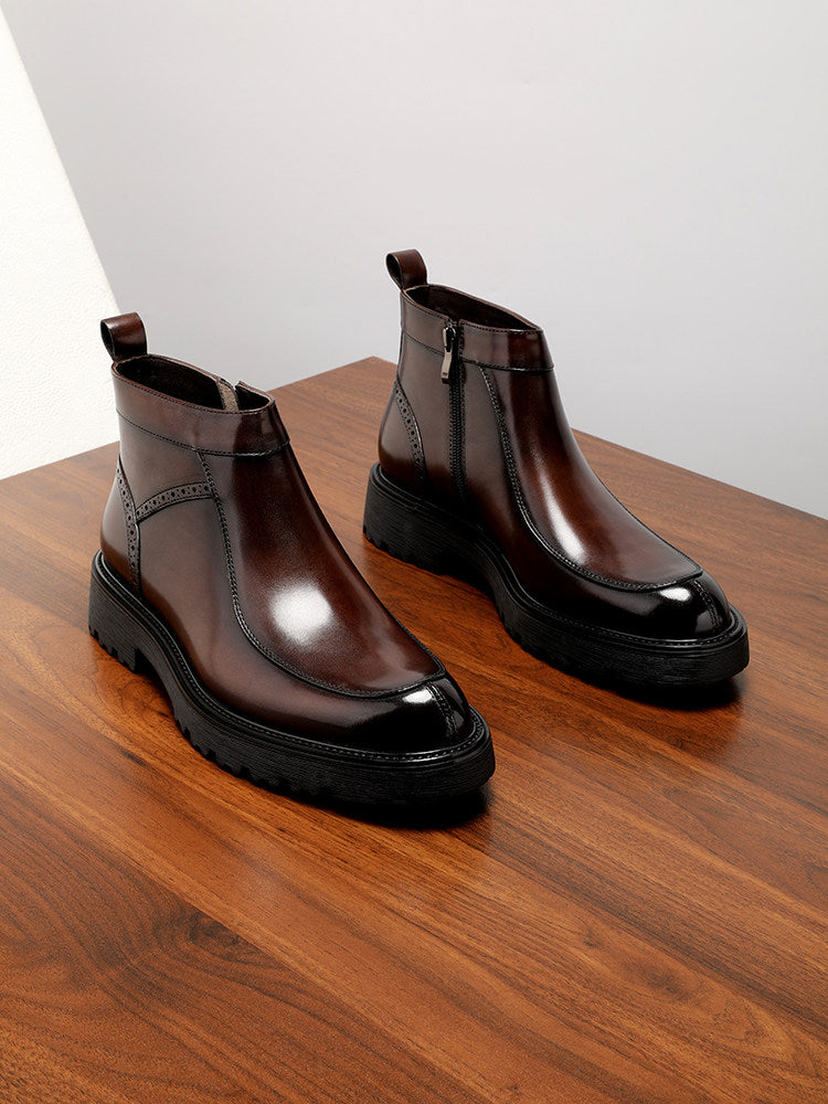 Men's Black Glossy Leather Platform Chelsea Ankle Boots | Luxury Zip-Up Thick Sole Dress Boots for Men