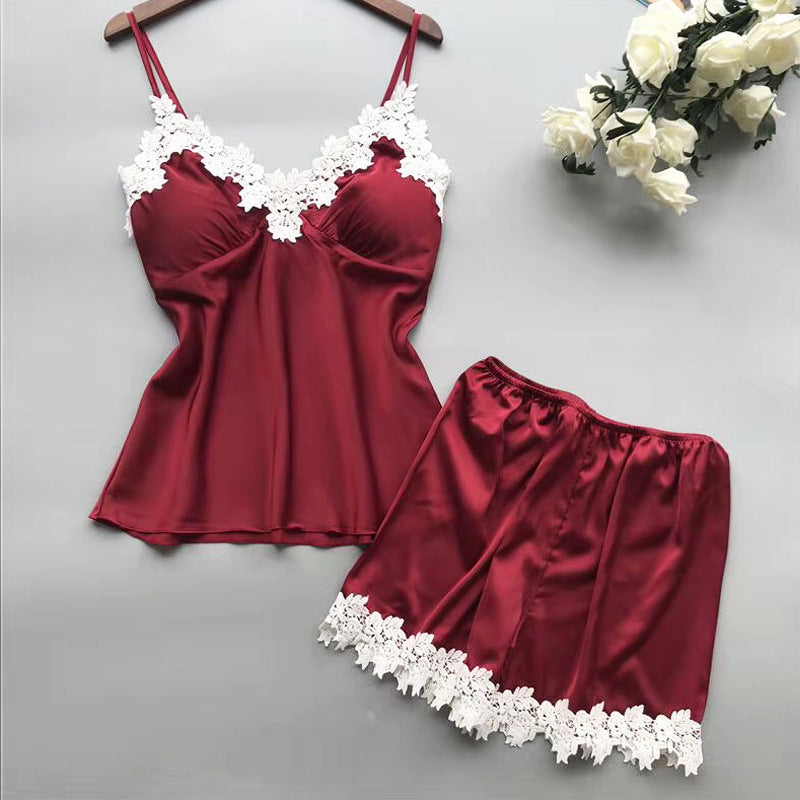Pigiama da donna in raso malva con stampa cuori bianchi, canotta e pantaloncini con pizzo - Completo da notte in seta a 2 pezzi