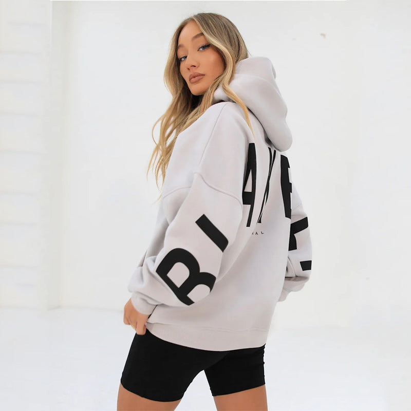 Blakey Originals Oversized Hoodie | Camel Tan Letter Print Pullover | Women's Streetwear Fleece Sweatshirt | Casual Aesthetic Fashion