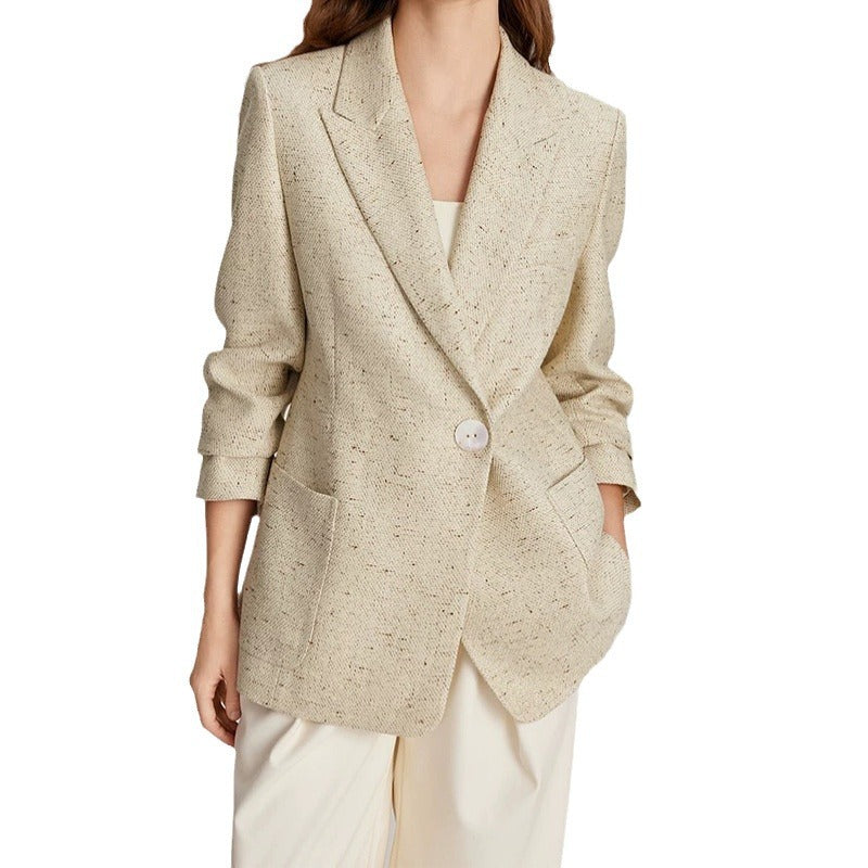 Women's Beige Tweed Linen Blazer | Single Button Notch Lapel Jacket | Smart Casual Office Coat