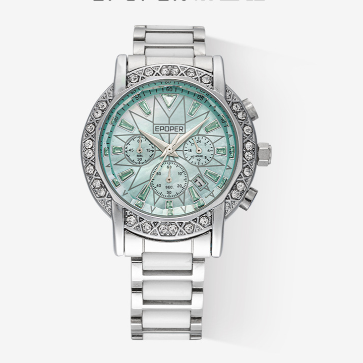 Orologio da donna EPOPER Crystal Chronograph | Orologio da polso di lusso in acciaio inossidabile argentato con lunetta in diamanti