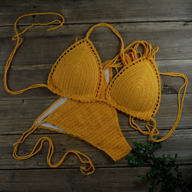 White Crochet Bikini Set | Handmade Triangle Halter Top and String Bottoms Boho Swimwear for Women