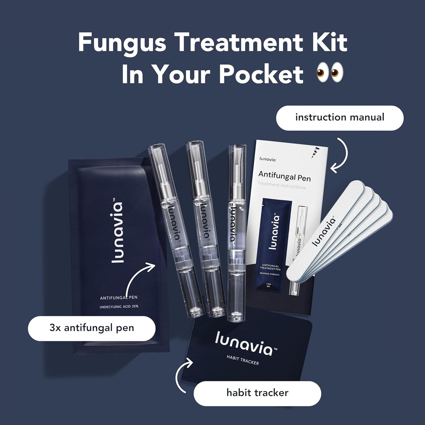 Lunavia Antifungal Pen Set | 3 Pens 9ml Undecylenic Acid 25% Toenail Fungus Treatment | Nail Files Included Fungal Nail Repair Kit