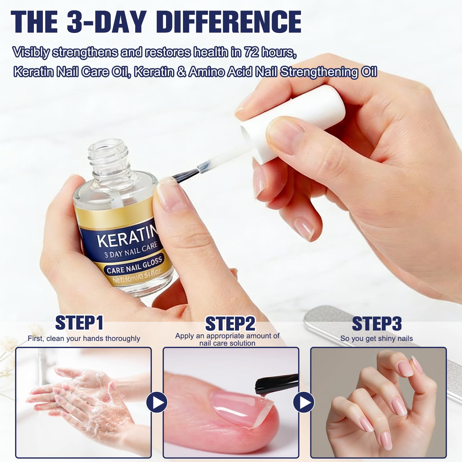 Keratin 3 Day Nail Care Gloss Set of 3 | Moisturizing Glossy Nail Treatment | Plant-Based Instant Shine Nail Strengthener 16ml x3