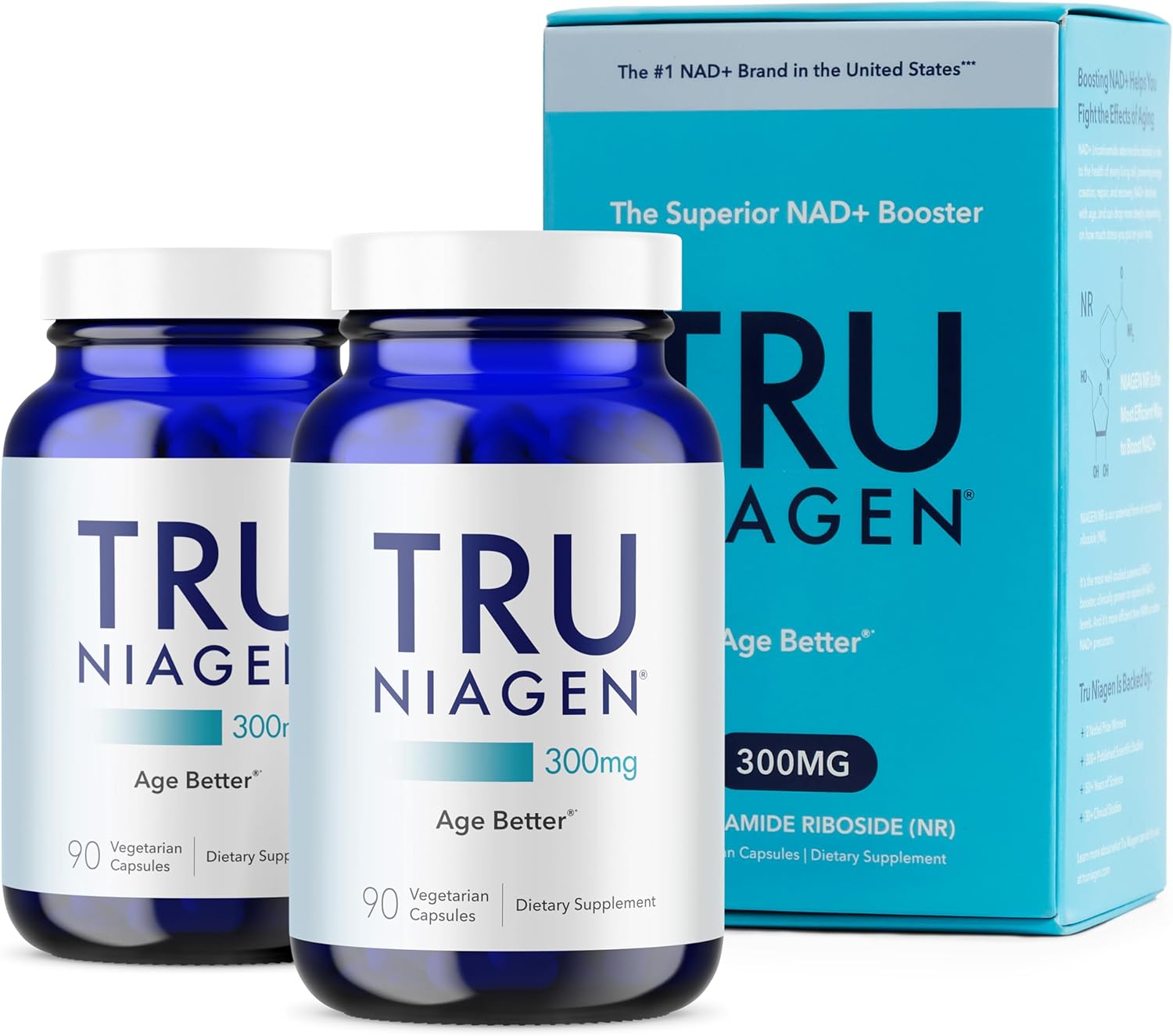 معزز NAD+ من Tru Niagen بتركيز 300 ملجم - عبوة من قطعتين | 90 كبسولة نباتية | مكمل نيكوتيناميد ريبوسيد (NR) لمكافحة الشيخوخة والطاقة الخلوية