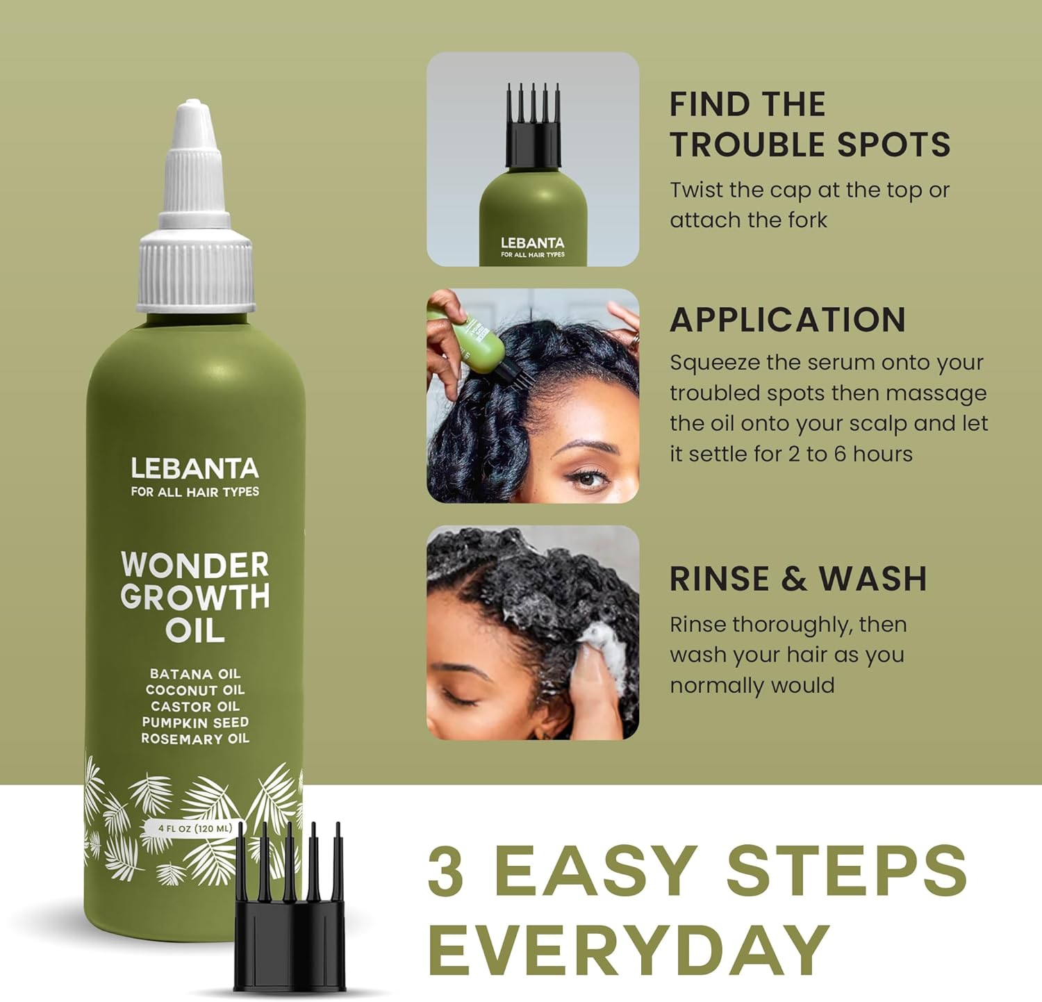 Lebanta Wonder Growth Oil | Batana, Castor, Rosemary & Coconut Oil for Hair Growth | All Hair Types | 4 fl oz